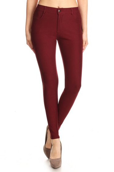 Mid Rise Ponte Knit Skinny Pants - WINE RED