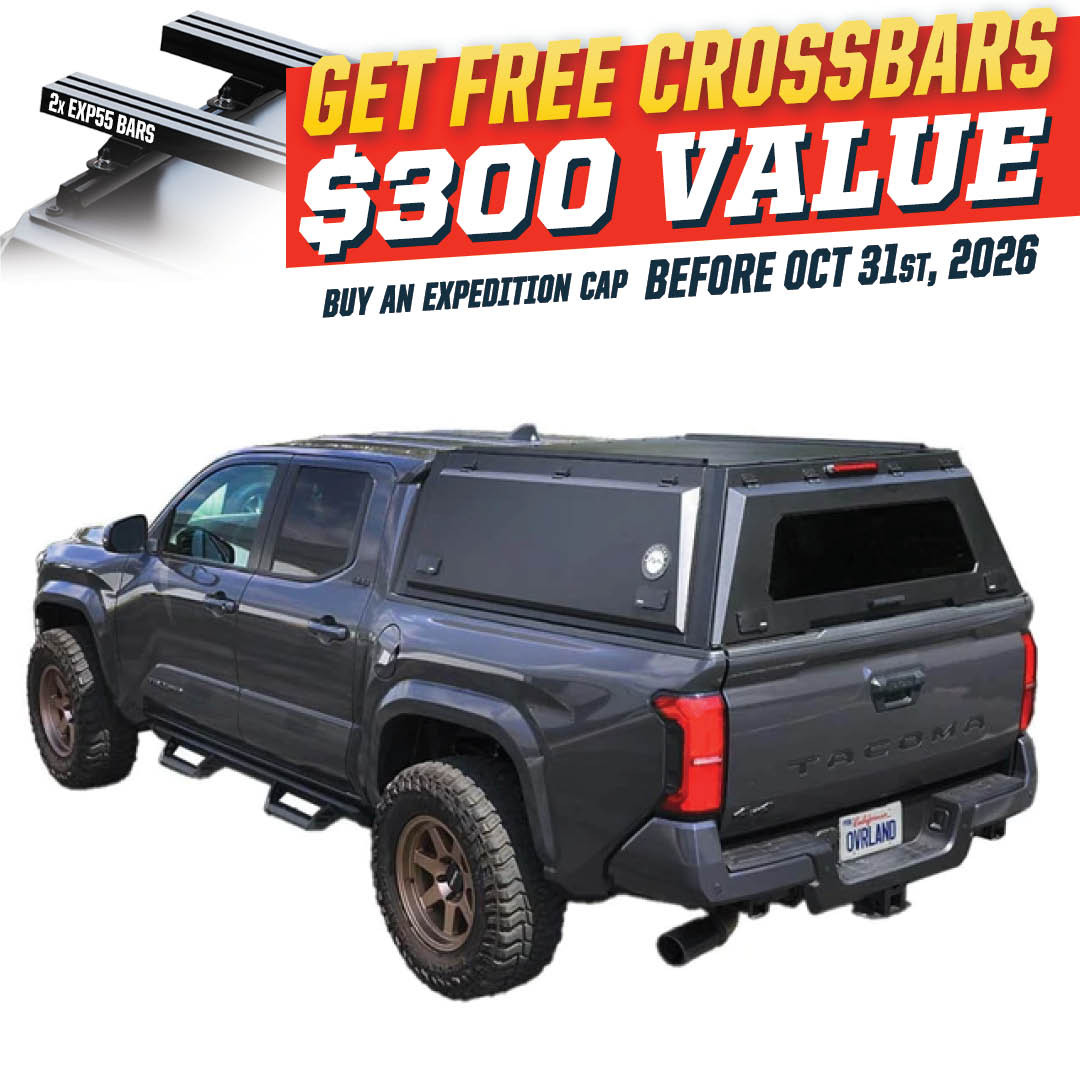 Expedition Truck Cap for 2024-2027 Toyota Tacoma 5 ft & 6 ft Beds - Full Wing Doors & 3rd Brake Light 3 Quarter