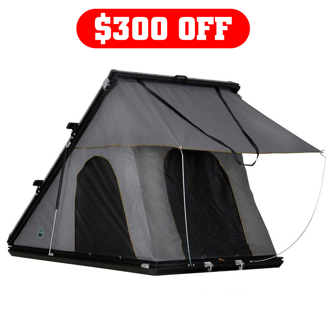 HD Mamba Clam Shell Aluminum Hard Shell Roof Top Tent, Grey Body & Green Trim 3/4