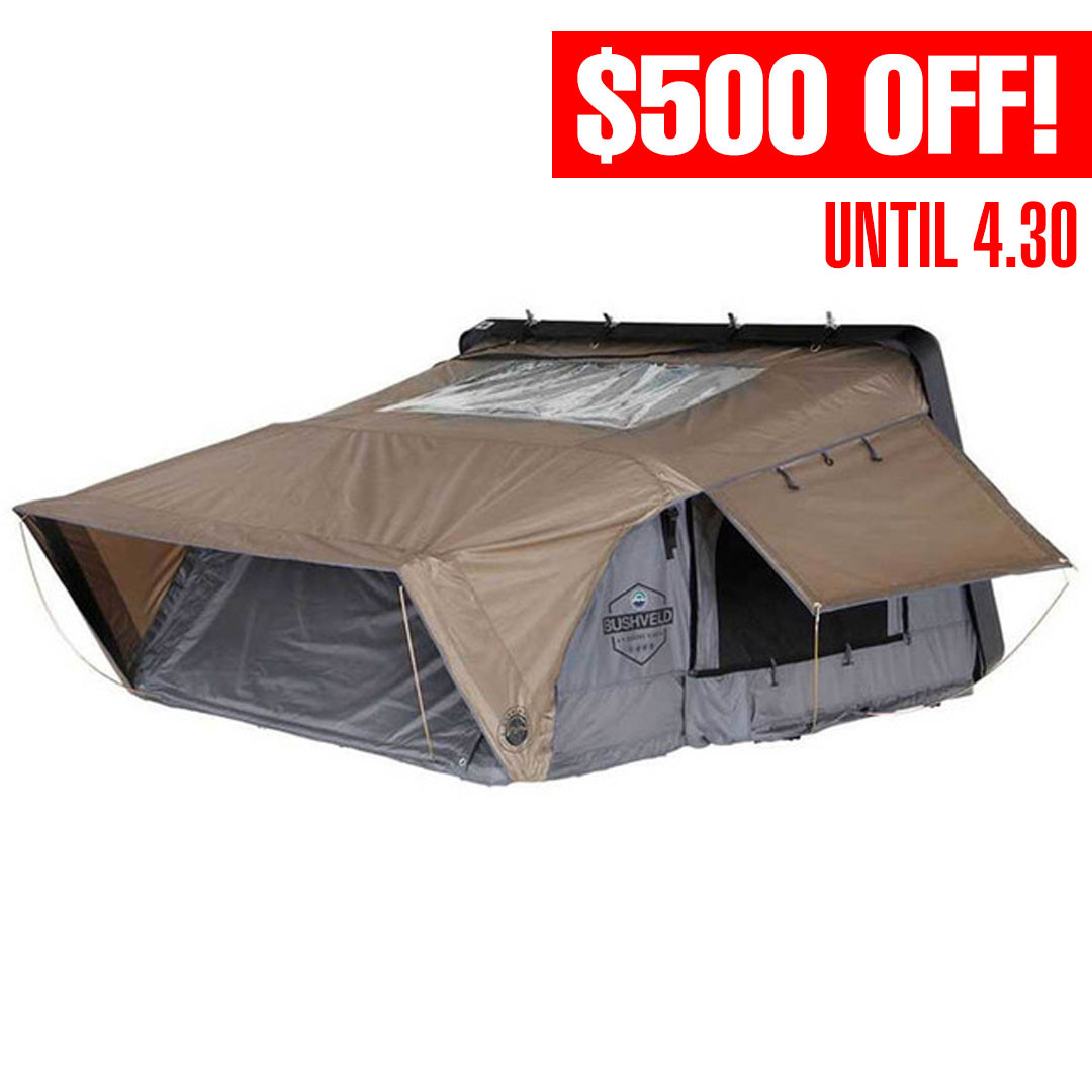 HD Bushveld 2 Person Cantilever Hard Shell Roof Top Tent Grey Body & Tan Rainfly 3 Quarter