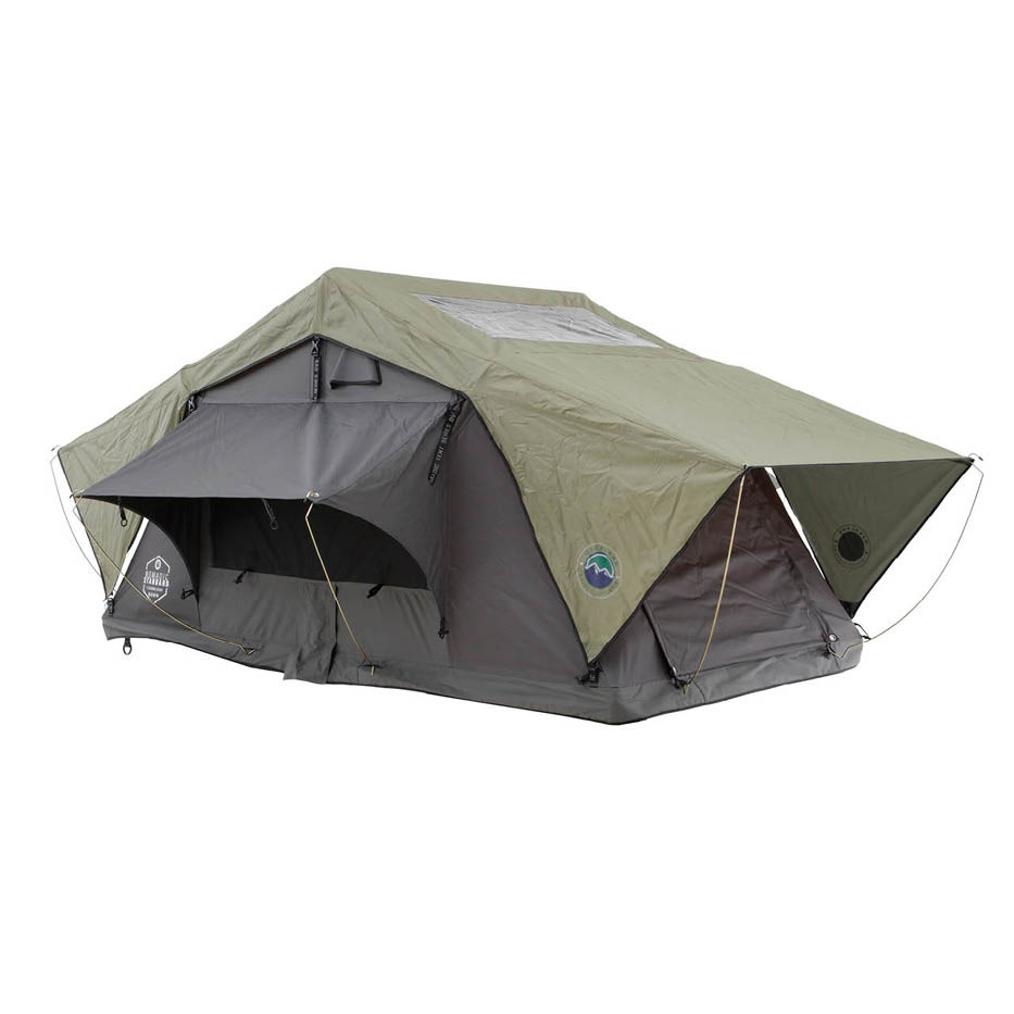 HD Nomadic 3 Person Standard Soft Shell Roof Top Tent, Grey Body & Green Rainfly  3 Quarter