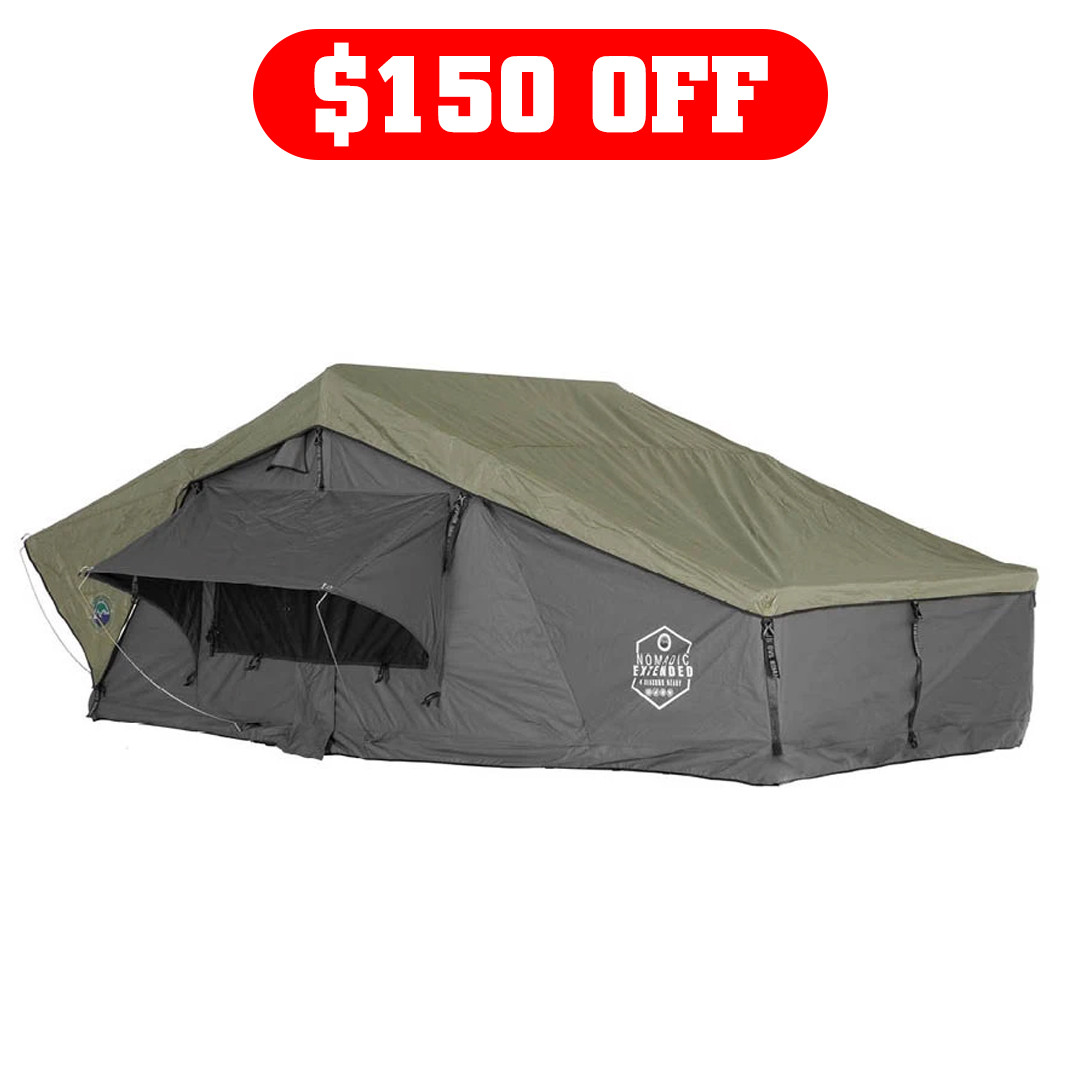 HD Nomadic 4 Person Extended Soft Shell Roof Top Tent, Grey Body & Green Rainfly 3 Quarter