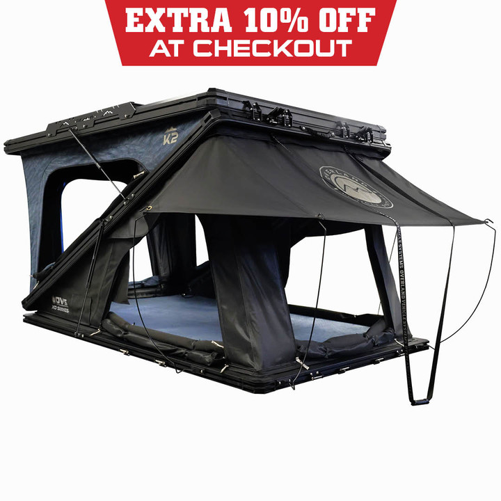 XD K2 Clam Shell Pop Up 2 Person Aluminum Hard Shell Roof Top Tent, Blue Body & Black Rainfly 3 Quarter