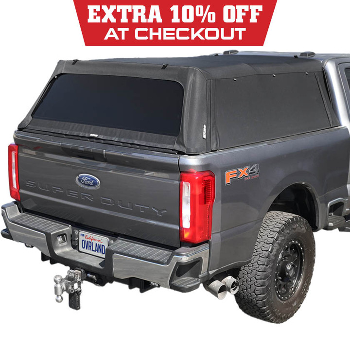 Explorer Soft Shell for 2017-2026 Ford F-250 / F-350 6.8 ft Bed - Black Canvas with Aluminum Frame 3 Quarter