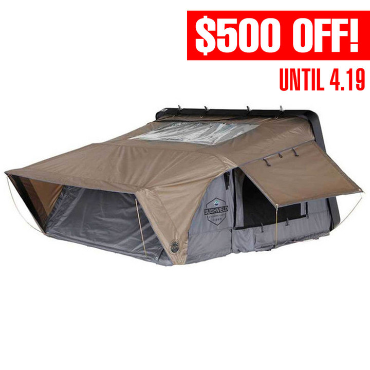 HD Bushveld 2 Person Cantilever Hard Shell Roof Top Tent Grey Body & Tan Rainfly 3 Quarter