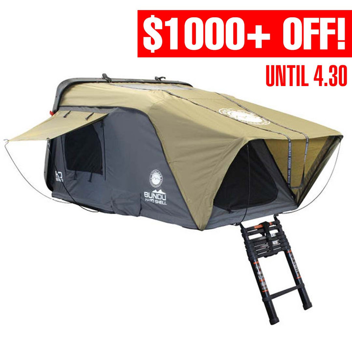 HD Bundu Hard Shell Roof Top Tent-Grey Body & Green Rainfly 3 Quarter