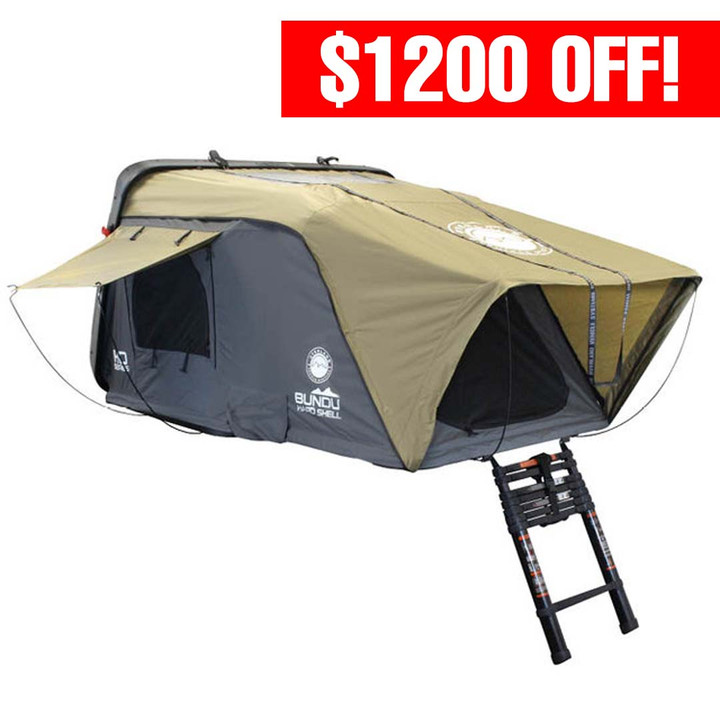 HD Bundu Hard Shell Roof Top Tent-Grey Body & Green Rainfly 3 Quarter
