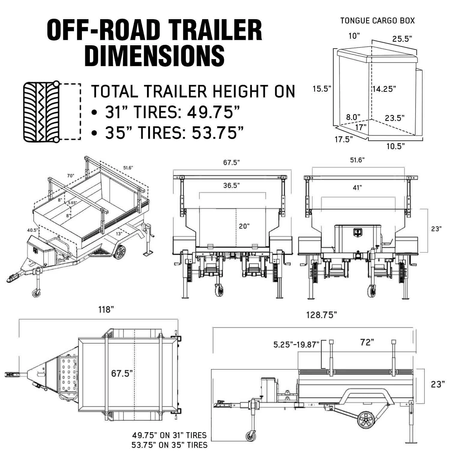 OVS off road trailer dimensions diagram with measurements