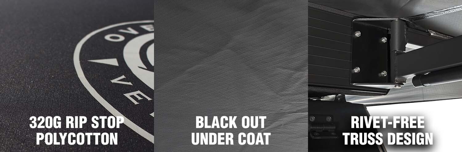 OVS XD Nomadic 315 awning features 320G rip stop polycotton blackout undercoat rivet free truss design