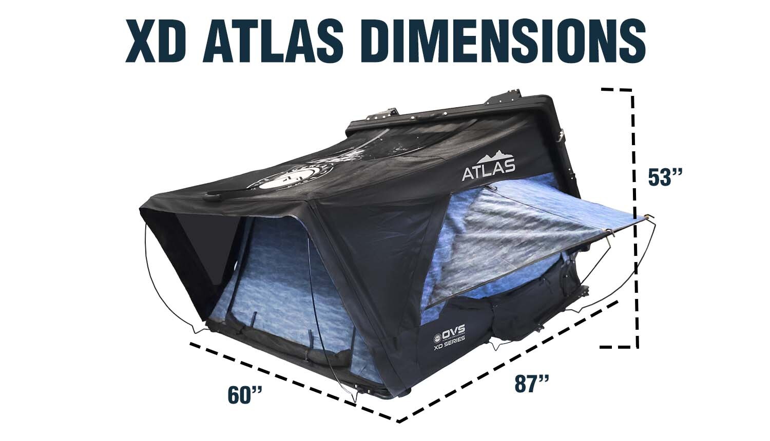 OVS XD Atlas roof top tent dimensions diagram showing open and closed measurements sleeping area
