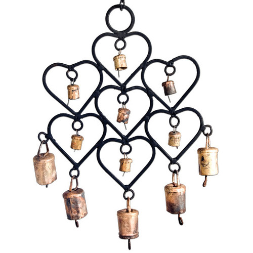 Rustic Cow Bells in Hearts Wind Chime (10 inch)