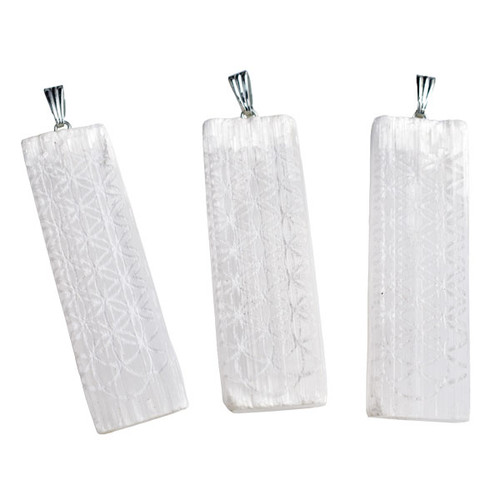 Selenite Slice Pendant Engraved - Flower of Life