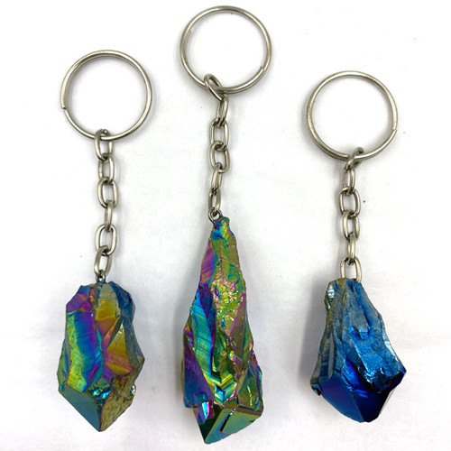 Mineral Keychains - Amethyst Titanium Aura Rough Point (12) Mineral Keychains - Amethyst Titanium Aura Rough Point (12)