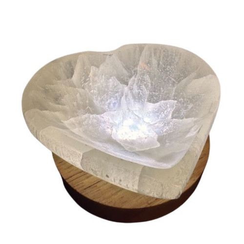 Bulk LED Wood Base with Selenite Heart Bowl