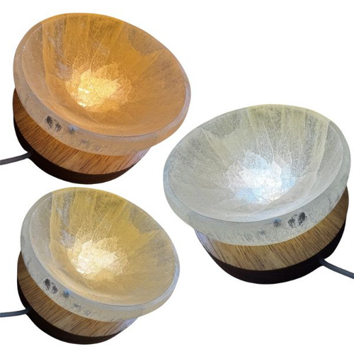 LED Wood Base - Adjustable 3 Tone White Light - with Selenite Round Bowl LED Wood Base - Adjustable 3 Tone White Light - with Selenite Round Bowl