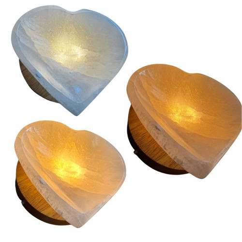 Bulk LED Wood Base - Adjustable 3 Tone White Light - with Selenite Heart Bowl (10.5cm)