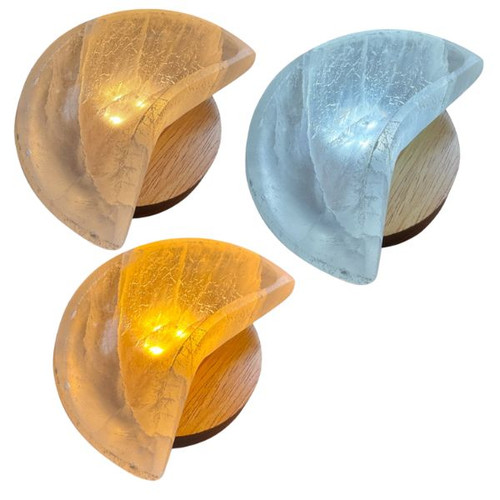 LED Wood Base - Adjustable 3 Tone White Light - with Selenite Moon Bowl LED Wood Base - Adjustable 3 Tone White Light - with Selenite Moon Bowl
