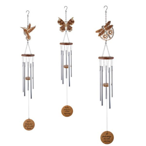Assorted Inspirational Wooden Wind Chimes - Hummingbird, Dragonfly & Butterfly (Set of 6)
