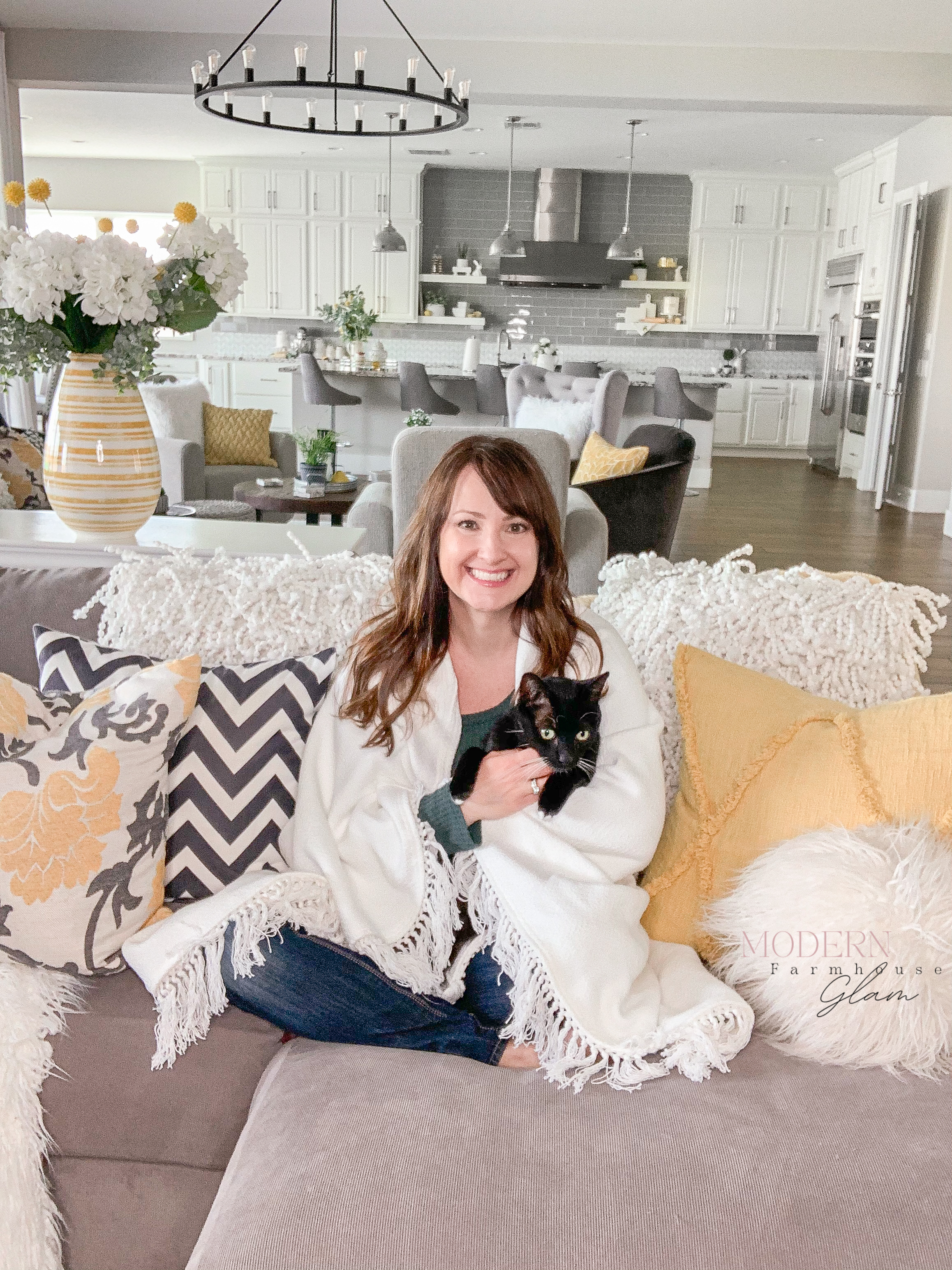 modern farmhouse glam living room, home decor, furniture, lighting, sectional sofa couch, yellow accent color decorating, home improvement 