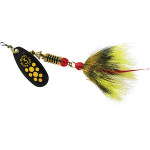 Mepps Black Fury Dressed - Yellow Dot Blade with a Grey/Yellow Tail