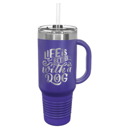 40 oz. Purple Travel Mug with Handle, Straw Included