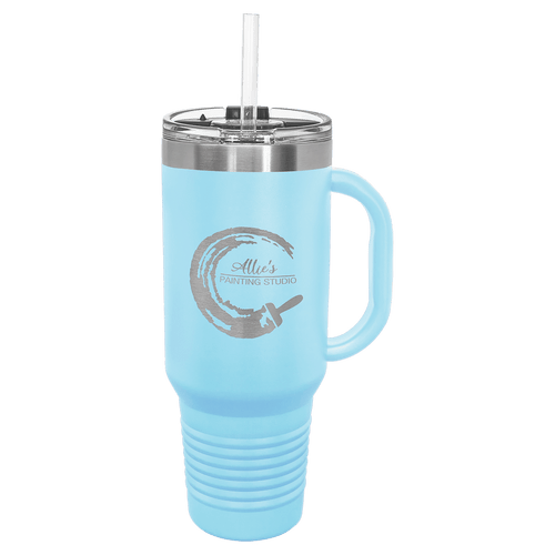 40 oz. Lt. Blue Travel Mug with Handle, Straw Included