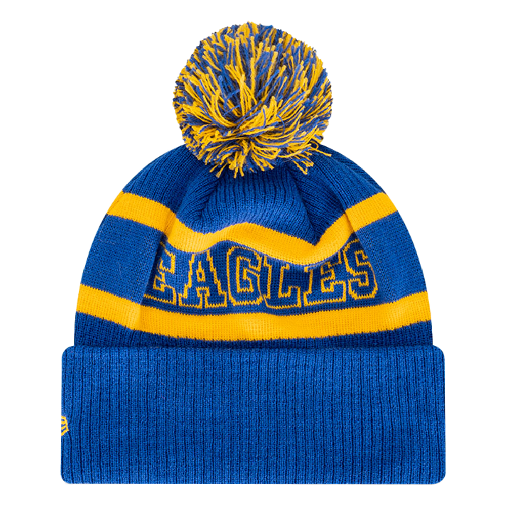 West Coast Eagles New Era Pom Knit Training Beanie Royal/Gold (2023)