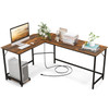 New L-shaped Gaming Desk Computer Desk w/ CPU Stand Power Outlets Rustic Brown