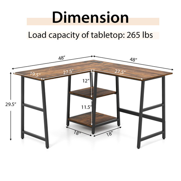 New L Shaped Study Table Corner Computer Desk w/Storage Shelves Rustic