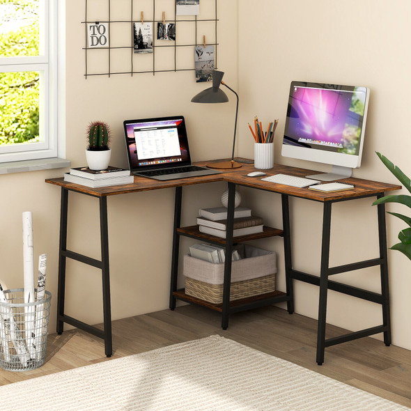 New L Shaped Study Table Corner Computer Desk w/Storage Shelves Rustic