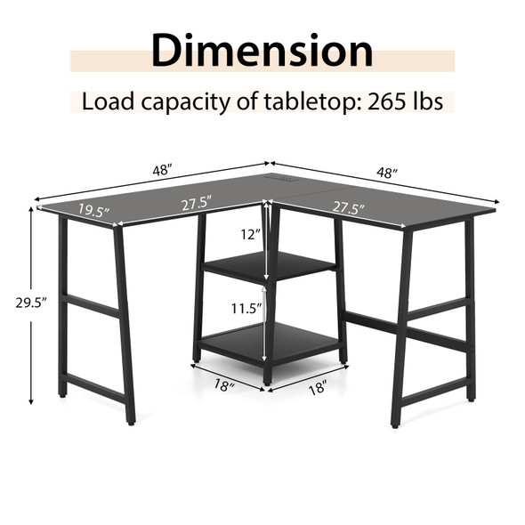 New L Shaped Study Table Corner Computer Desk w/Storage Shelves Black