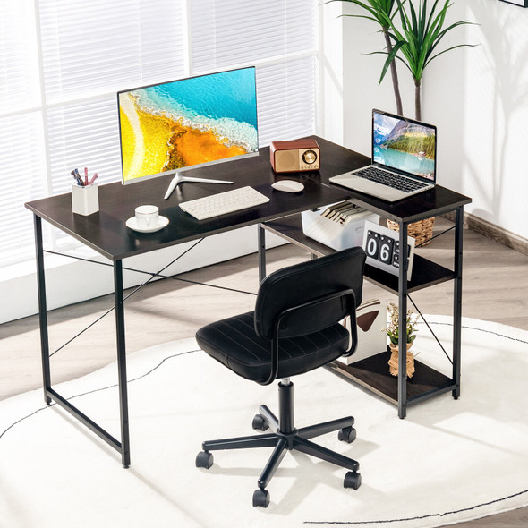 New 48' Home Office Table Reversible L Shaped Computer Desk Adjustable Shelf Brown