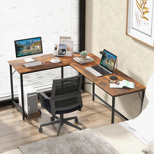 New L-shaped Gaming Desk Computer Desk w/ CPU Stand Power Outlets Rustic Brown