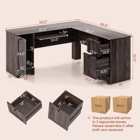 New Computer Desk 66.5' L Shaped Home Office Desk Keyboard Tray Dark Brown