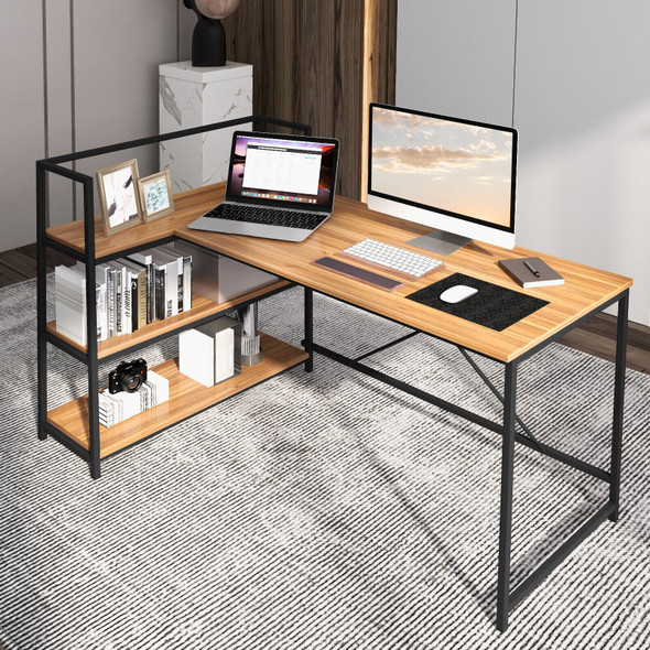 New L Shaped Computer Desk Corner Workstation w/3-Tier Open Shelf Walnut
