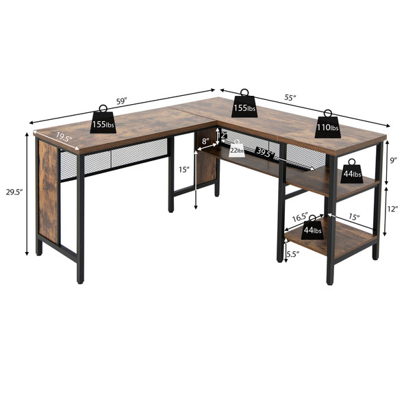 New Industrial L-Shaped Corner Computer Desk w/ Spacious Tabletop & Storage Shelves