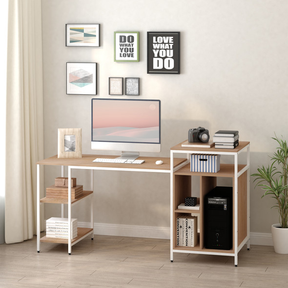 New Computer Table with Shelves Home Office Desk Adjustable Feet, Oak Wood Grain