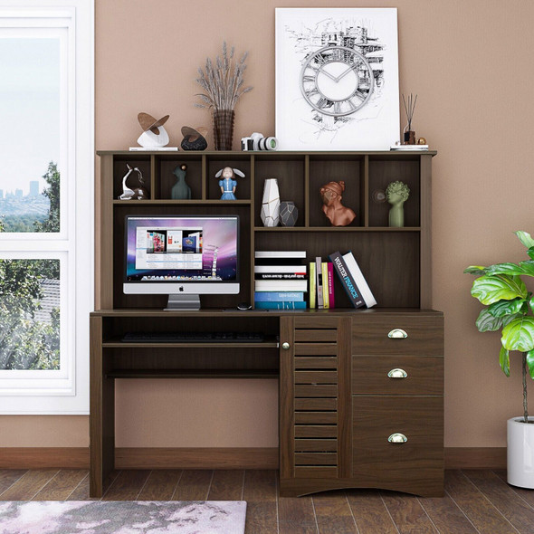 New Home Office Computer Desk with Hutch Work Study Table Storage Shelves Drawers - Walnut