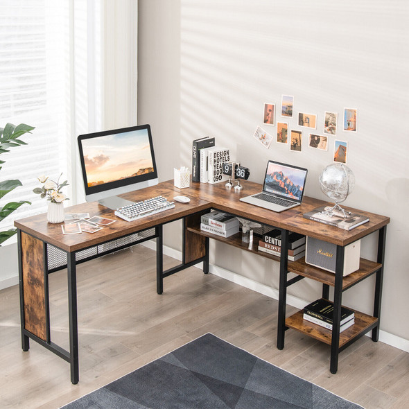 New Industrial L-Shaped Corner Computer Desk with Storage Shelves for Office Rustic