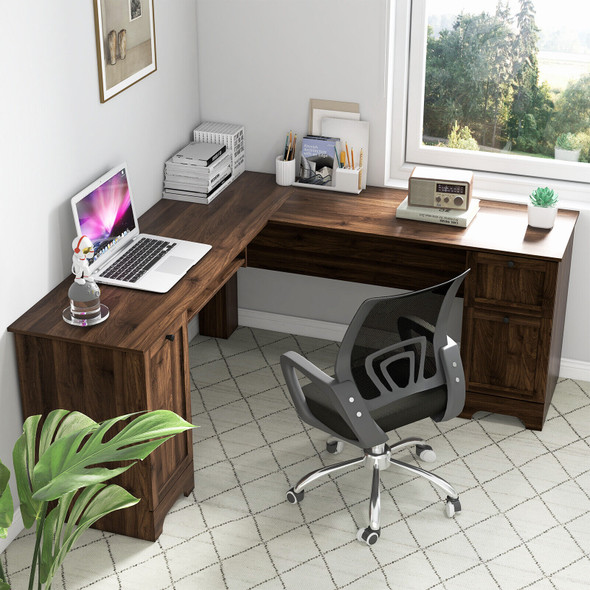 New Corner Computer Desk 66.5" L Shaped Home Office Desk Keyboard Tray Walnut