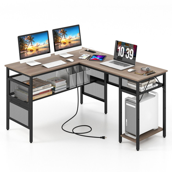 New L Shaped Computer Desk with Charging Station 55" Reversible Corner Workstation