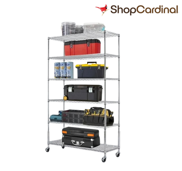 6-Tier Wire Shelving Unit Heavy Duty Height Adjustable NSF Certification Utility Rolling Steel Commercial Grade with Wheels for Kitchen Bathroom Office 2100LBS Capacity-18x48x82, Chrome