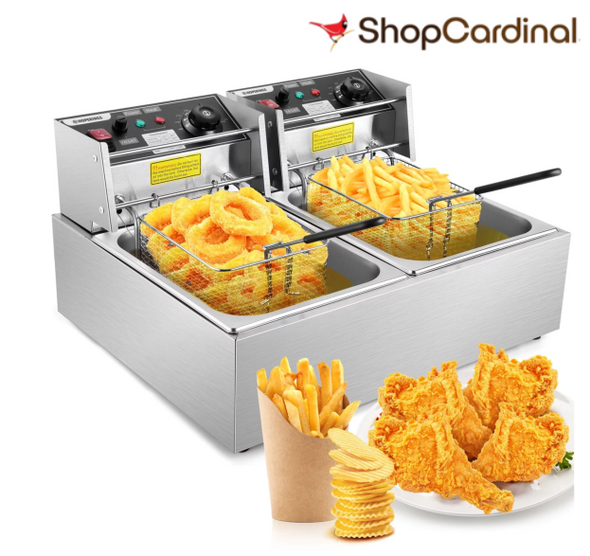 Qhomic Deep Fryer with Dual Tank, 3000W 2x6L Stainless Steel Electric Commercial Countertop Deep Fryer, Adjustable Temperature Limiter for Turkey French Fries Home