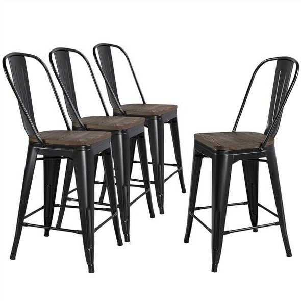 Metal Dining Chairs Bar Stools Solid Fir Wooden Surface Furniture Set of 4 Black  