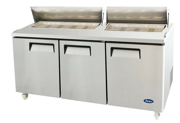ATOSA MSF8304GR 72" 3 DOOR SANDWICH PREP TABLE REFRIGERATED w  CASTERS  amp  PANS With Shipping
