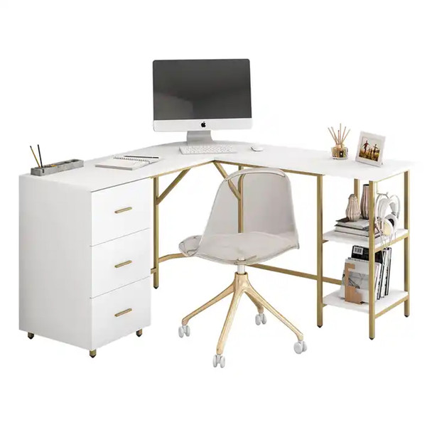 New L Shape Metal Frame Director Table Office Desk with Drawer Sturdy Studying Desk Home Large Corner Studio Computer Desk