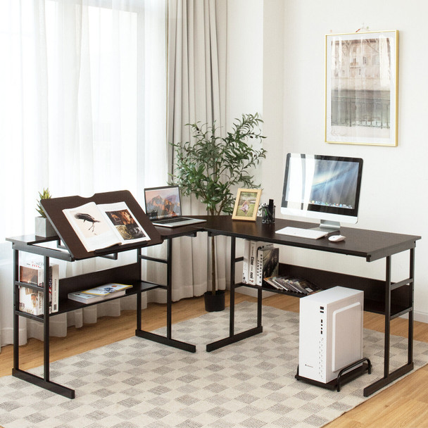 New L-Shaped Computer Desk Drafting Corner Table Workstation Home Espresso