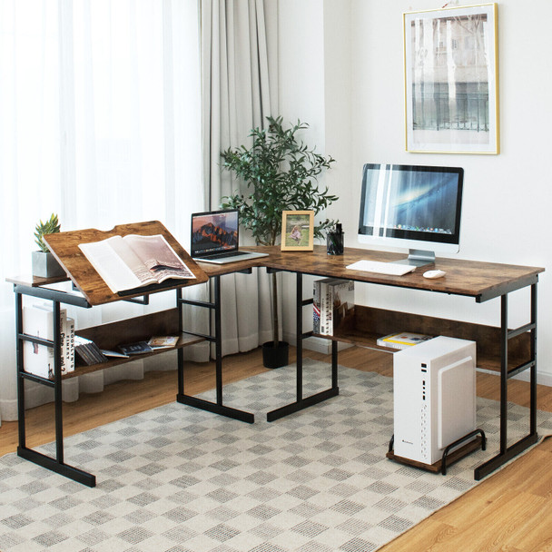New L-Shaped Computer Desk Drafting Corner Table Workstation Rustic Brown