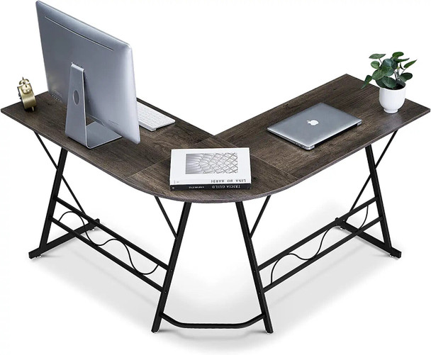 New L-Shaped Computer Desk with Metal Frame, Study Table for Home Office