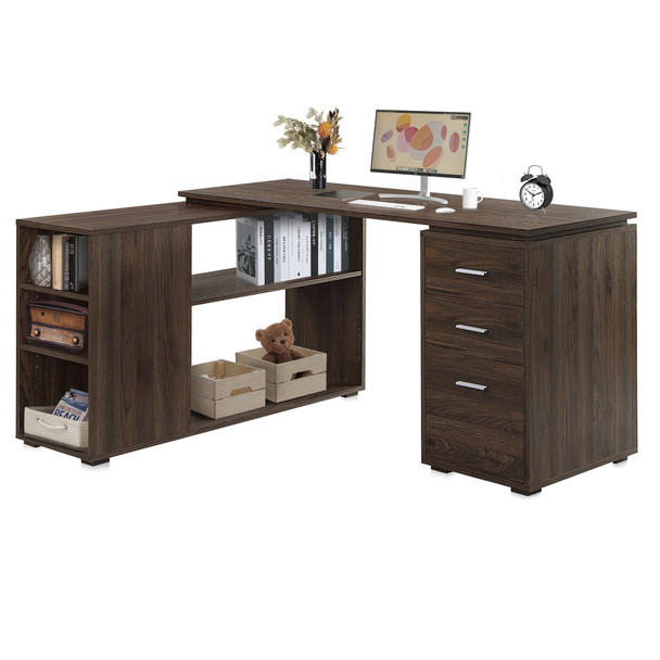 New L Shaped Computer Desk Home Office Corner Desk Open Shelves Drawers, Dark Walnut
